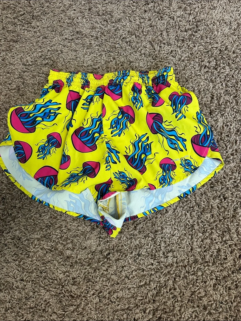 Men's Yellow Athletic Shorts with Pink & Blue Jellyfish Print